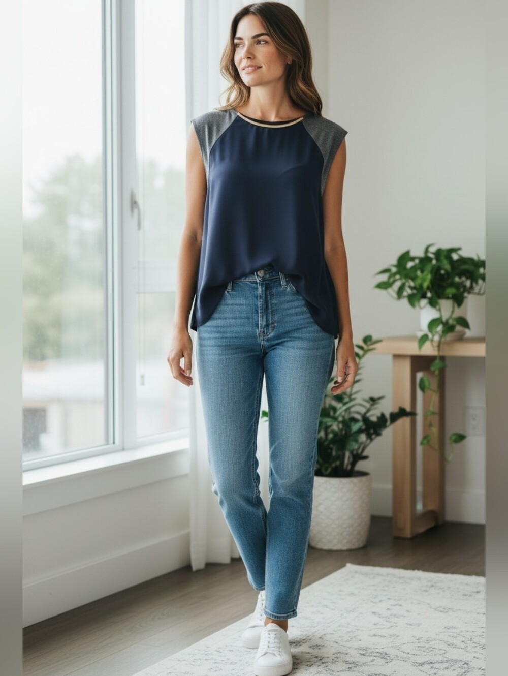 Rachel Roy Sleeveless Contrast Yoke Blouse with Gold Neck Accent